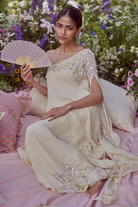 Sue Mue_Yellow Georgette Sequins, Beads, Pearls, Stones Light Embroidered Jumpsuit _at_Aza_Fashions