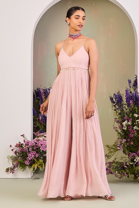 Sue Mue Pink Chiffon, Silk Organza Sequins, Pearls Pastel Embroidered Jumpsuit And Jacket Online at Aza Fashions Sue Mue_Pink Chiffon, Silk Organza Sequins, Pearls Pastel Embroidered Jumpsuit And Jacket _Online_at_Aza_Fashions
