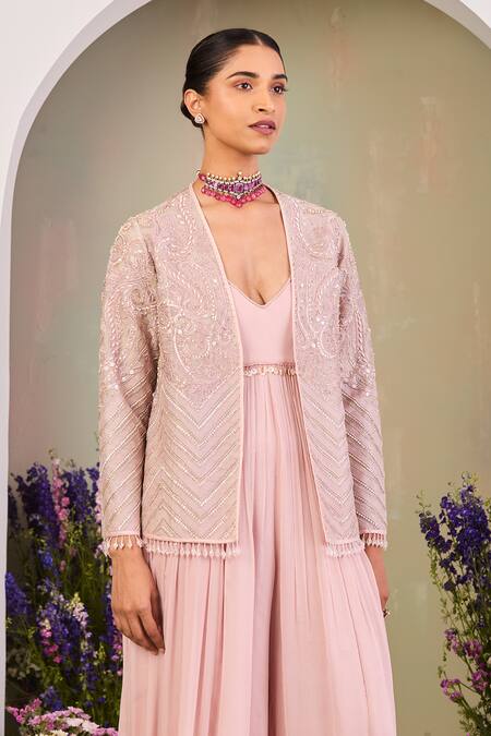 Buy Sue Mue Pink Chiffon, Silk Organza Sequins, Pearls Pastel Embroidered Jumpsuit And Jacket Online at Aza Fashions Buy_Sue Mue_Pink Chiffon, Silk Organza Sequins, Pearls Pastel Embroidered Jumpsuit And Jacket _Online_at_Aza_Fashions