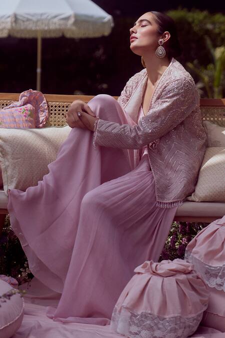 Shop Sue Mue Pink Chiffon, Silk Organza Sequins, Pearls Pastel Embroidered Jumpsuit And Jacket Online at Aza Fashions Shop_Sue Mue_Pink Chiffon, Silk Organza Sequins, Pearls Pastel Embroidered Jumpsuit And Jacket _Online_at_Aza_Fashions