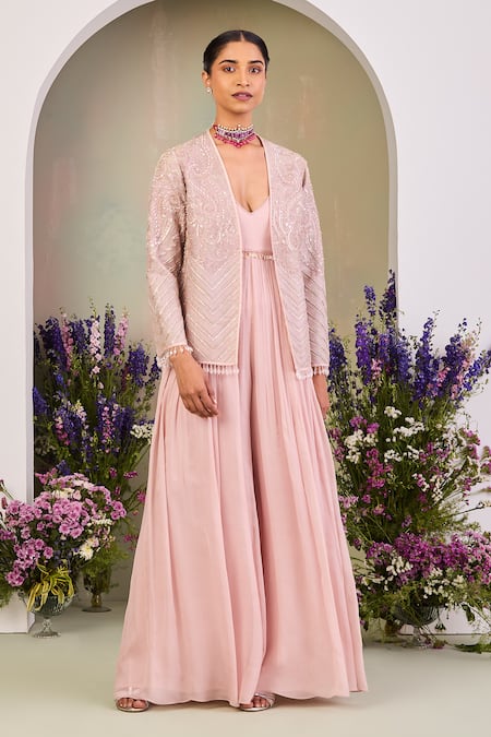 Sue Mue Pink Chiffon, Silk Organza Sequins, Pearls Pastel Embroidered Jumpsuit And Jacket at Aza Fashions Sue Mue_Pink Chiffon, Silk Organza Sequins, Pearls Pastel Embroidered Jumpsuit And Jacket _at_Aza_Fashions