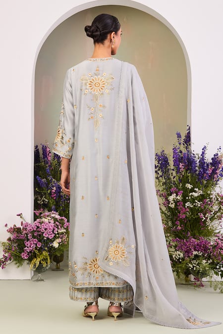 Shop Sue Mue Blue Silk, Embroidery Round Neck Ice Kurta Set at Aza Fashions Shop_Sue Mue_Blue Silk, Embroidery Round Neck Ice Kurta Set _at_Aza_Fashions