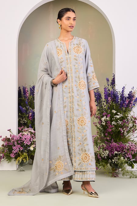Sue Mue Blue Silk, Embroidery Round Neck Ice Kurta Set 