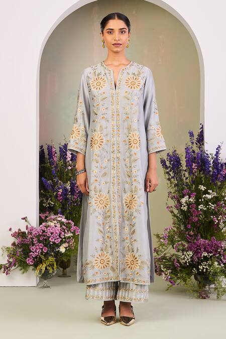 Buy Sue Mue Blue Silk, Embroidery Round Neck Ice Kurta Set Online at Aza Fashions Buy_Sue Mue_Blue Silk, Embroidery Round Neck Ice Kurta Set _Online_at_Aza_Fashions