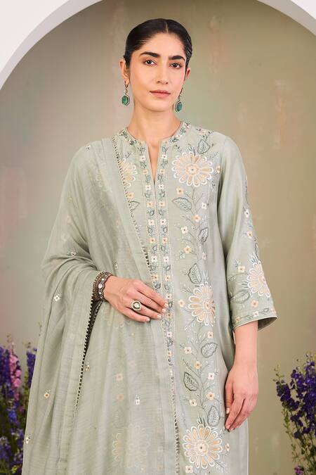 Sue Mue Green Silk, Silk, Embroidery Round Sage Floral Kurta Set Online at Aza Fashions Sue Mue_Green Silk, Silk, Embroidery Round Sage Floral Kurta Set _Online_at_Aza_Fashions