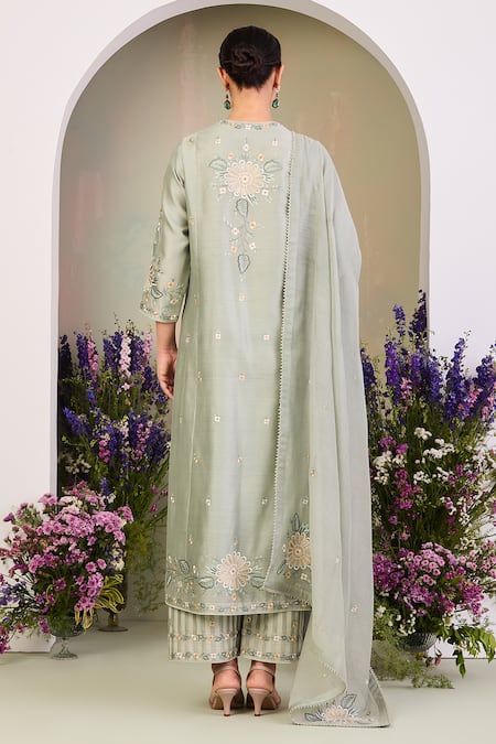Shop Sue Mue Green Silk, Silk, Embroidery Round Sage Floral Kurta Set at Aza Fashions Shop_Sue Mue_Green Silk, Silk, Embroidery Round Sage Floral Kurta Set _at_Aza_Fashions
