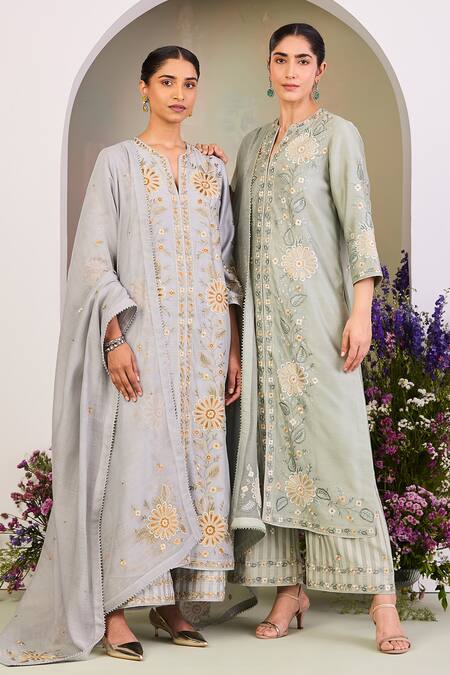 Shop Sue Mue Green Silk, Silk, Embroidery Round Sage Floral Kurta Set Online at Aza Fashions Shop_Sue Mue_Green Silk, Silk, Embroidery Round Sage Floral Kurta Set _Online_at_Aza_Fashions