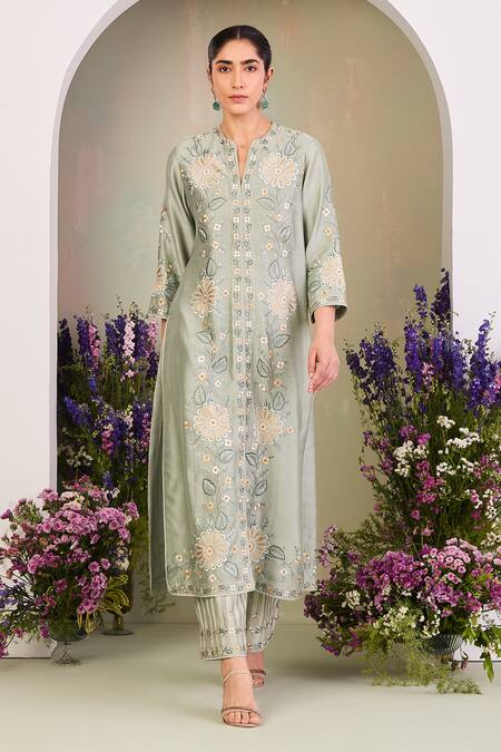 Sue Mue Green Silk, Silk, Embroidery Round Sage Floral Kurta Set at Aza Fashions Sue Mue_Green Silk, Silk, Embroidery Round Sage Floral Kurta Set _at_Aza_Fashions