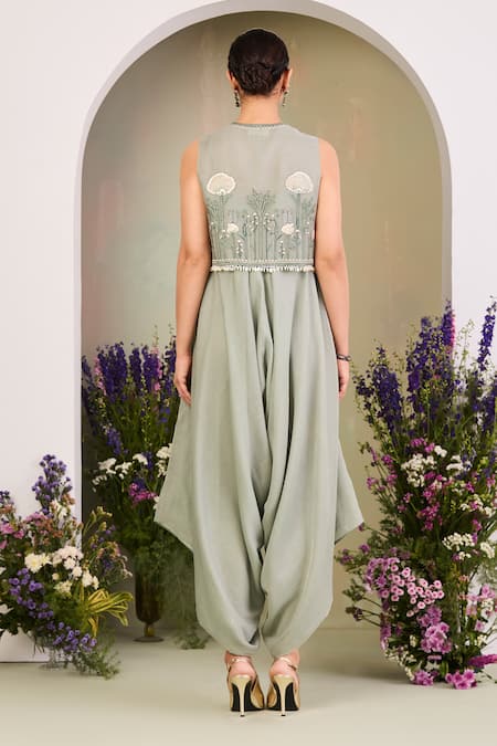 Sue Mue Sage Green Embroidered Jumpsuit & Gilet Set 
