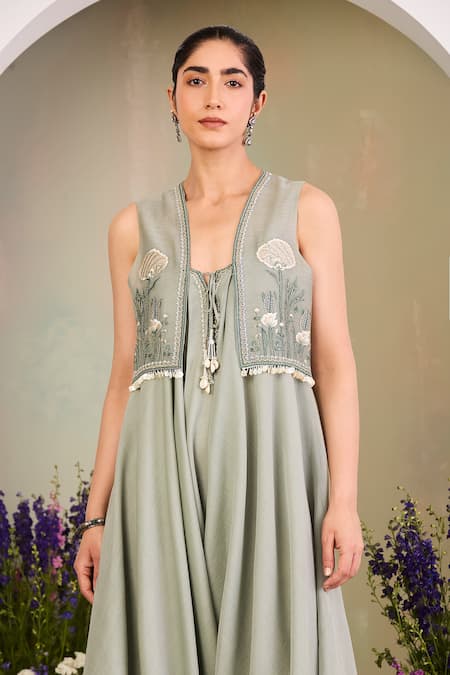 Sue Mue_Green Chanderi Embroidery Open , Round Sage Jumpsuit And Gilet Set _Online_at_Aza_Fashions