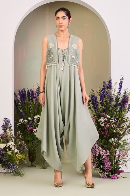 Sue Mue Sage Green Embroidered Jumpsuit & Gilet Set 
