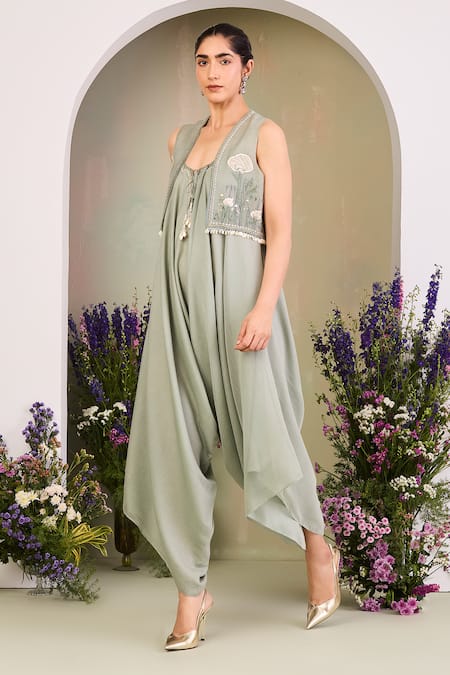 Buy_Sue Mue_Green Chanderi Embroidery Open , Round Sage Jumpsuit And Gilet Set _Online_at_Aza_Fashions