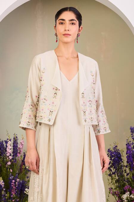 Buy Sue Mue Beige Silk, Embroidery V-, Round Jumpsuit And Jacket Online at Aza Fashions Buy_Sue Mue_Beige Silk, Embroidery V-, Round Jumpsuit And Jacket _Online_at_Aza_Fashions