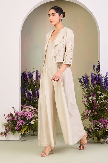Shop Sue Mue Beige Silk, Embroidery V-, Round Jumpsuit And Jacket Online at Aza Fashions Shop_Sue Mue_Beige Silk, Embroidery V-, Round Jumpsuit And Jacket _Online_at_Aza_Fashions