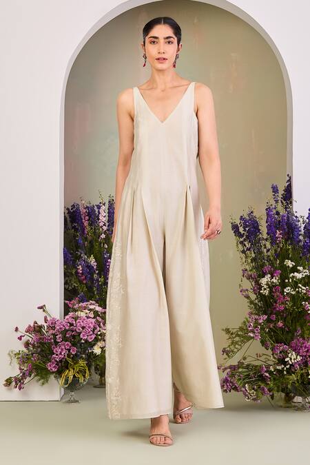 Sue Mue Beige Silk, Embroidery V-, Round Jumpsuit And Jacket at Aza Fashions Sue Mue_Beige Silk, Embroidery V-, Round Jumpsuit And Jacket _at_Aza_Fashions