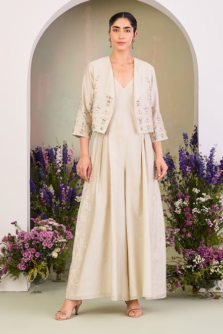 Sue Mue Embroidered Silk Chanderi Jumpsuit & Jacket 