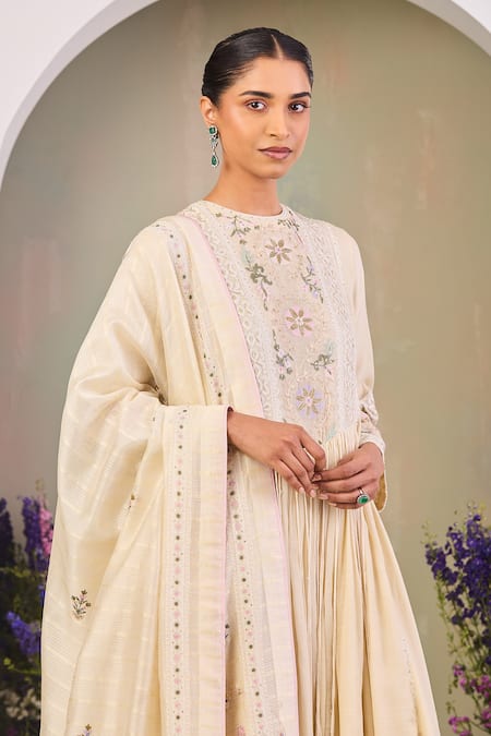 Sue Mue Yellow Chanderi, Silk Sequins, Beads Round Neck Light Embroidered Anarkali Set Online at Aza Fashions Sue Mue_Yellow Chanderi, Silk Sequins, Beads Round Neck Light Embroidered Anarkali Set _Online_at_Aza_Fashions