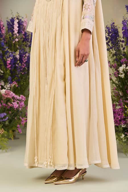 Buy Sue Mue Yellow Chanderi, Silk Sequins, Beads Round Neck Light Embroidered Anarkali Set Online at Aza Fashions Buy_Sue Mue_Yellow Chanderi, Silk Sequins, Beads Round Neck Light Embroidered Anarkali Set _Online_at_Aza_Fashions