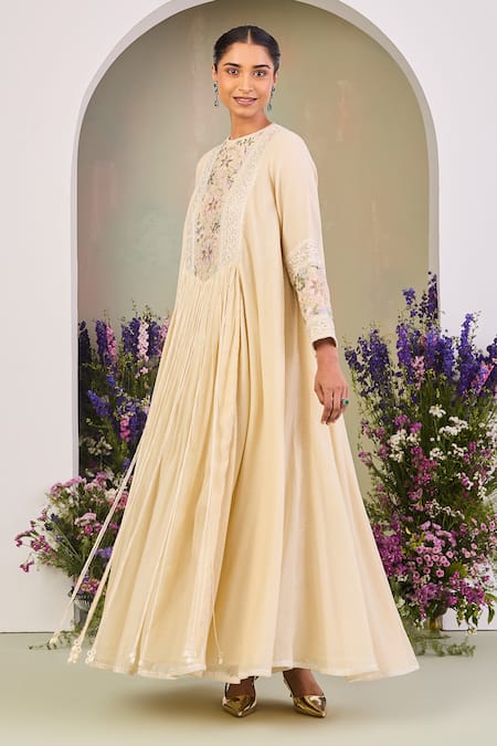 Shop Sue Mue Yellow Chanderi, Silk Sequins, Beads Round Neck Light Embroidered Anarkali Set Online at Aza Fashions Shop_Sue Mue_Yellow Chanderi, Silk Sequins, Beads Round Neck Light Embroidered Anarkali Set _Online_at_Aza_Fashions