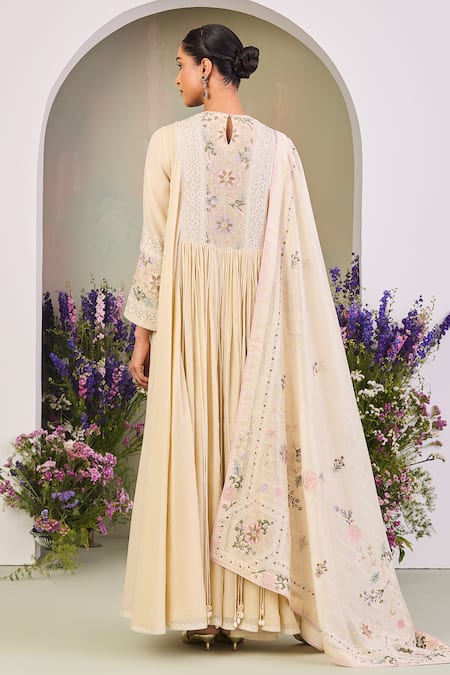 Shop Sue Mue Yellow Chanderi, Silk Sequins, Beads Round Neck Light Embroidered Anarkali Set at Aza Fashions Shop_Sue Mue_Yellow Chanderi, Silk Sequins, Beads Round Neck Light Embroidered Anarkali Set _at_Aza_Fashions