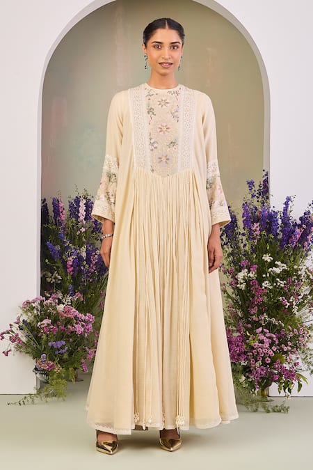 Sue Mue Yellow Chanderi, Silk Sequins, Beads Round Neck Light Embroidered Anarkali Set at Aza Fashions Sue Mue_Yellow Chanderi, Silk Sequins, Beads Round Neck Light Embroidered Anarkali Set _at_Aza_Fashions