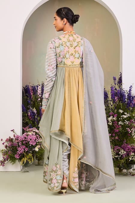 Shop Sue Mue Multi Color Chanderi, Silk Embroidery V-neck Floral Anarkali Set at Aza Fashions Shop_Sue Mue_Multi Color Chanderi, Silk Embroidery V-neck Floral Anarkali Set _at_Aza_Fashions