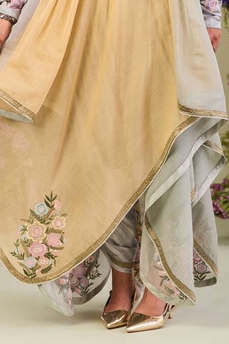 Buy Sue Mue Multi Color Chanderi, Silk Embroidery V-neck Floral Anarkali Set Online at Aza Fashions Buy_Sue Mue_Multi Color Chanderi, Silk Embroidery V-neck Floral Anarkali Set _Online_at_Aza_Fashions