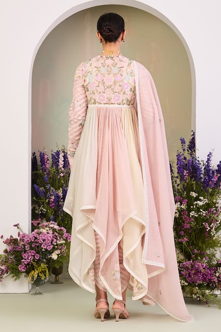 Shop Sue Mue Pink Chanderi Embroidery V-neck Floral Anarkali Set at Aza Fashions Shop_Sue Mue_Pink Chanderi Embroidery V-neck Floral Anarkali Set _at_Aza_Fashions