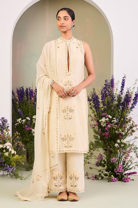 Sue Mue Yellow Chanderi, Handloom Cotton, Silk Embroidery High Neck Floral Kurta Set 