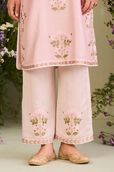 Shop Sue Mue Pink Handloom Cotton, Silk Embroidery High Neck Floral Kurta Set Online at Aza Fashions Shop_Sue Mue_Pink Handloom Cotton, Silk Embroidery High Neck Floral Kurta Set _Online_at_Aza_Fashions