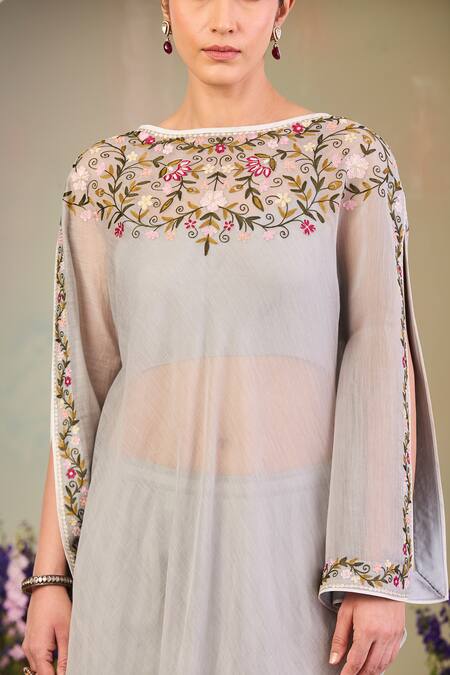 Sue Mue_Blue Chanderi, Cotton, Silk Embroidery, Zari Round Neck Ice Kaftan Set _Online_at_Aza_Fashions