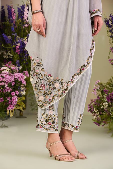 Buy_Sue Mue_Blue Chanderi, Cotton, Silk Embroidery, Zari Round Neck Ice Kaftan Set _Online_at_Aza_Fashions