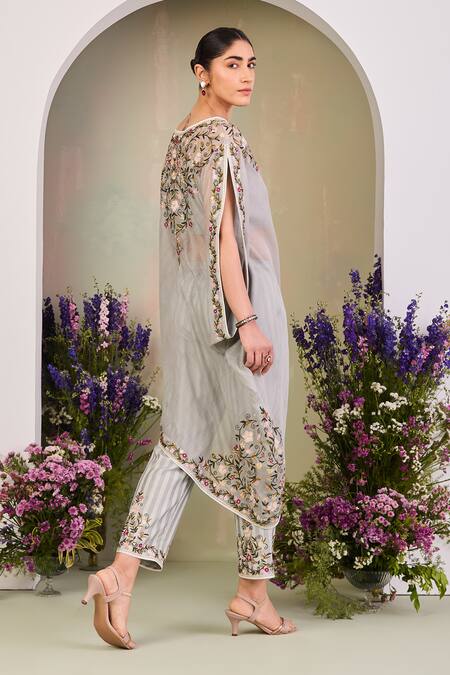 Shop_Sue Mue_Blue Chanderi, Cotton, Silk Embroidery, Zari Round Neck Ice Kaftan Set _Online_at_Aza_Fashions