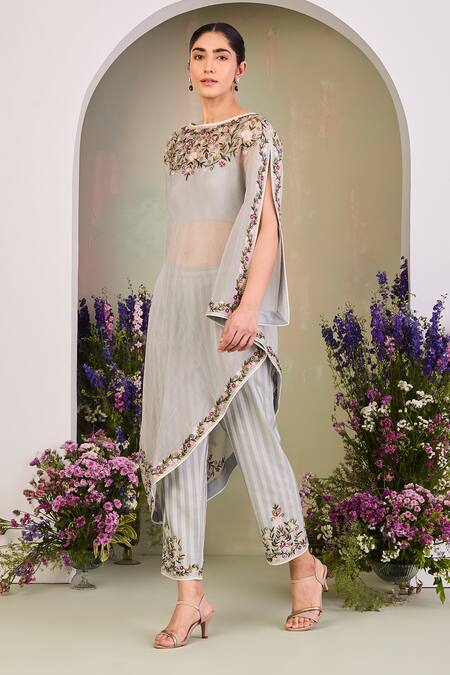 Sue Mue_Blue Chanderi, Cotton, Silk Embroidery, Zari Round Neck Ice Kaftan Set _at_Aza_Fashions