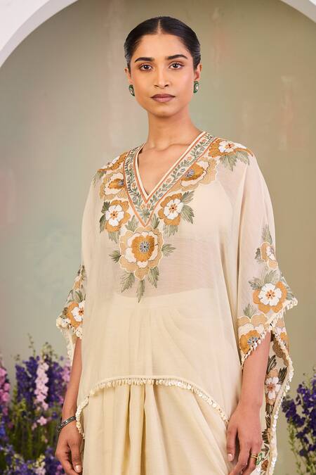 Sue Mue_Yellow Chanderi, Cotton Embroidery, Zari V-neck Light Kaftan Set _Online_at_Aza_Fashions