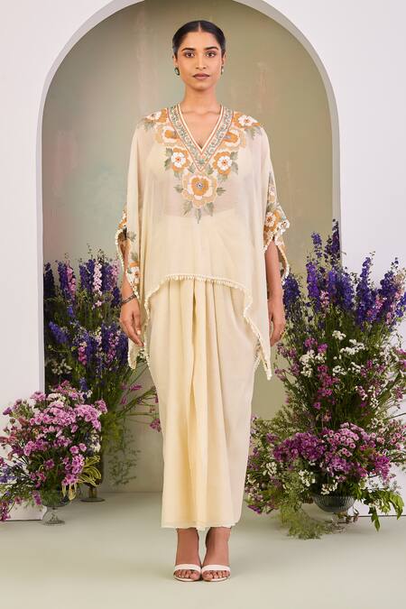 Buy_Sue Mue_Yellow Chanderi, Cotton Embroidery, Zari V-neck Light Kaftan Set _Online_at_Aza_Fashions