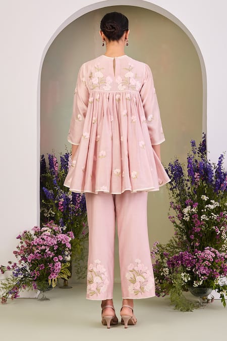 Sue Mue Pastel Pink Floral Embroidered Kurta Set 