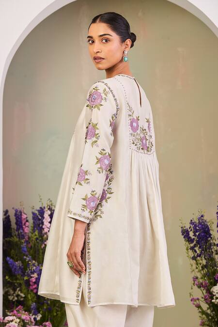 Sue Mue_Cream Handloom Cotton Embroidery, Beads Round Neck Floral Kurta Set _Online_at_Aza_Fashions