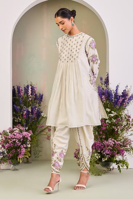 Sue Mue_Cream Handloom Cotton Embroidery, Beads Round Neck Floral Kurta Set _at_Aza_Fashions