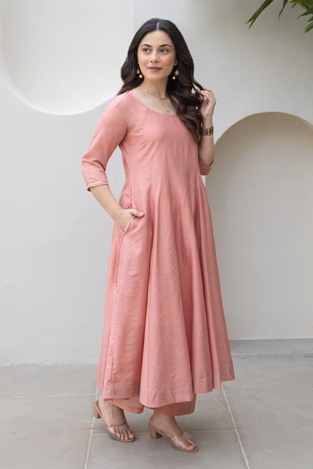ASRUMO Peach Chanderi Embroidery Round Neck Blush Anarkali Set Online at Aza Fashions ASRUMO_Peach Chanderi Embroidery Round Neck Blush Anarkali Set _Online_at_Aza_Fashions
