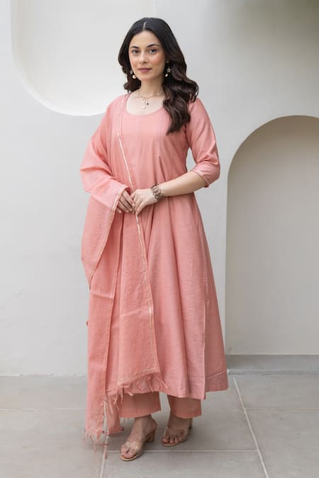 Buy ASRUMO Peach Chanderi Embroidery Round Neck Blush Anarkali Set Online at Aza Fashions Buy_ASRUMO_Peach Chanderi Embroidery Round Neck Blush Anarkali Set _Online_at_Aza_Fashions