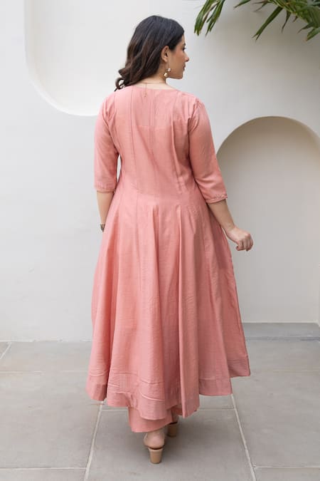 Shop ASRUMO Peach Chanderi Embroidery Round Neck Blush Anarkali Set at Aza Fashions Shop_ASRUMO_Peach Chanderi Embroidery Round Neck Blush Anarkali Set _at_Aza_Fashions