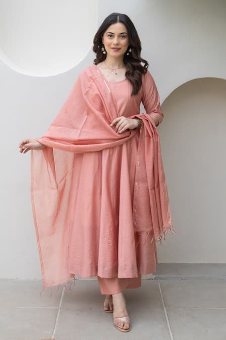 Shop ASRUMO Peach Chanderi Embroidery Round Neck Blush Anarkali Set Online at Aza Fashions Shop_ASRUMO_Peach Chanderi Embroidery Round Neck Blush Anarkali Set _Online_at_Aza_Fashions