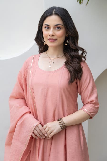 ASRUMO Peach Chanderi Embroidery Round Neck Blush Anarkali Set at Aza Fashions ASRUMO_Peach Chanderi Embroidery Round Neck Blush Anarkali Set _at_Aza_Fashions