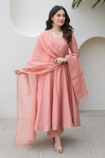 Buy ASRUMO Peach Chanderi Embroidery Round Neck Blush Anarkali Set Buy_ASRUMO_Peach Chanderi Embroidery Round Neck Blush Anarkali Set