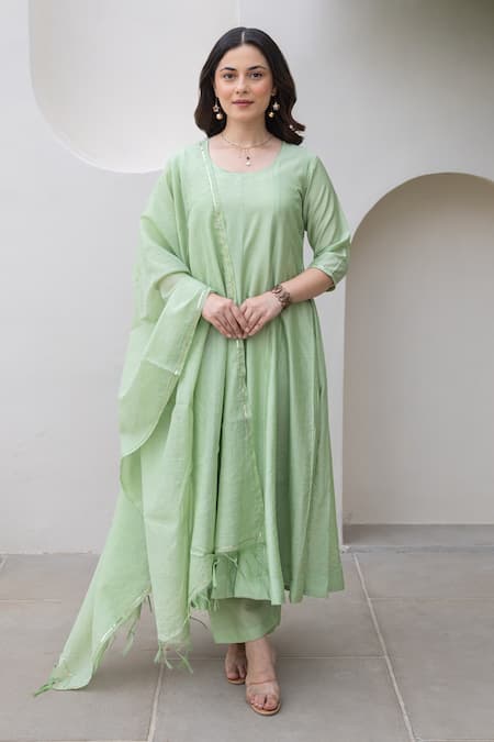 ASRUMO Green Chanderi Embroidery Round Neck Pista Anarkali Set 