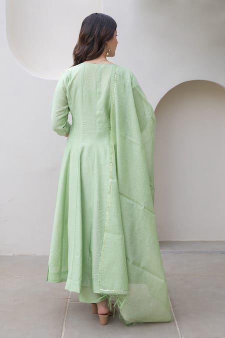 Shop ASRUMO Green Chanderi Embroidery Round Neck Pista Anarkali Set at Aza Fashions Shop_ASRUMO_Green Chanderi Embroidery Round Neck Pista Anarkali Set _at_Aza_Fashions