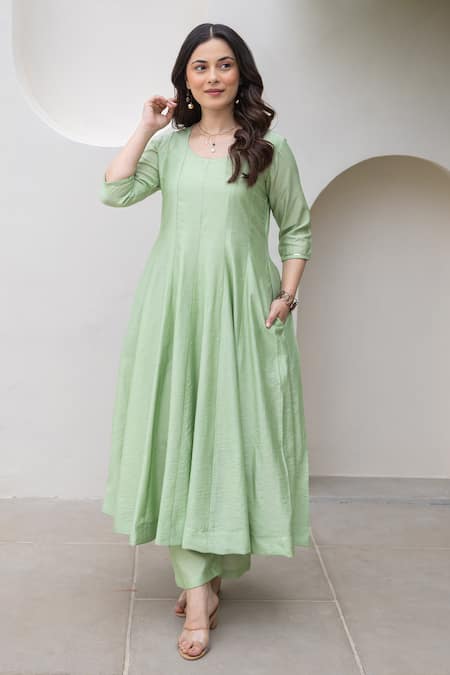 ASRUMO Green Chanderi Embroidery Round Neck Pista Anarkali Set Online at Aza Fashions ASRUMO_Green Chanderi Embroidery Round Neck Pista Anarkali Set _Online_at_Aza_Fashions
