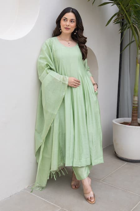 Buy ASRUMO Green Chanderi Embroidery Round Neck Pista Anarkali Set Online at Aza Fashions Buy_ASRUMO_Green Chanderi Embroidery Round Neck Pista Anarkali Set _Online_at_Aza_Fashions