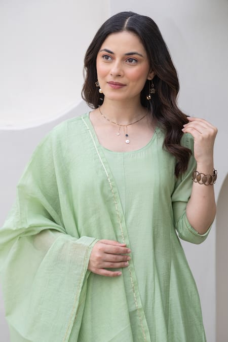 Shop ASRUMO Green Chanderi Embroidery Round Neck Pista Anarkali Set Online at Aza Fashions Shop_ASRUMO_Green Chanderi Embroidery Round Neck Pista Anarkali Set _Online_at_Aza_Fashions